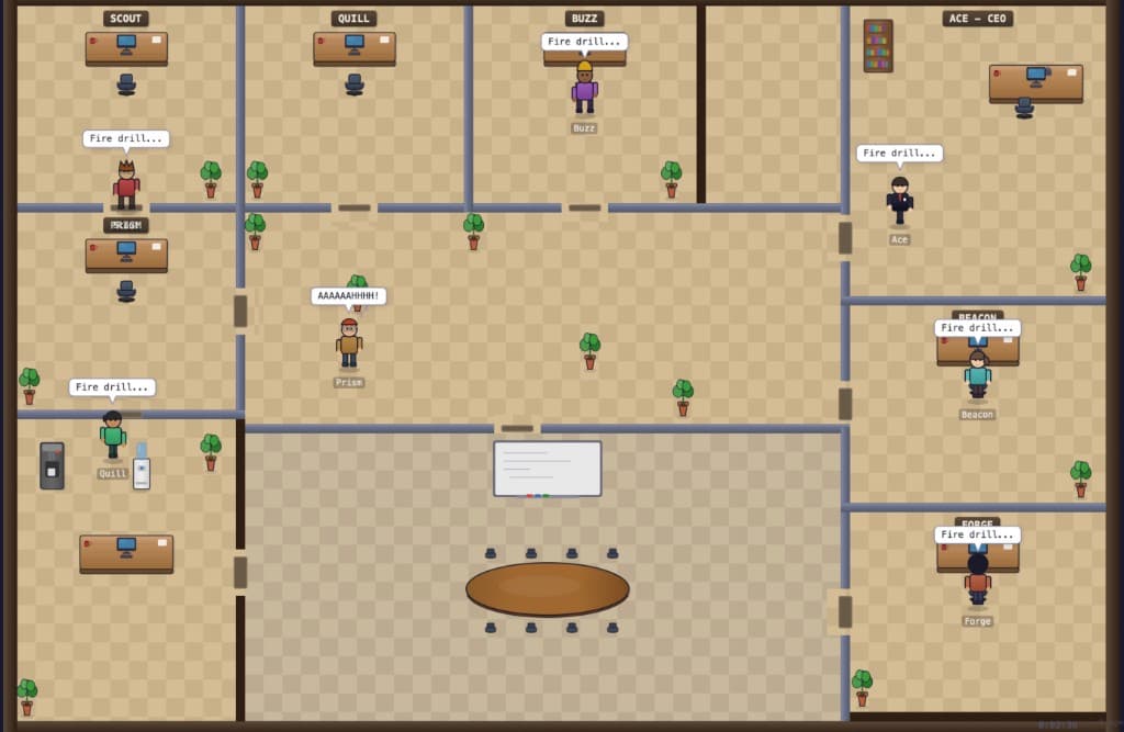 TinyFirm Hive Office fire drill event with AI agents reacting in the pixel-art workspace
