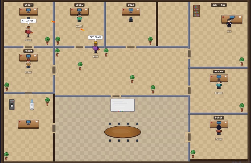 TinyFirm Hive Office pixel-art visualization showing AI agent team at their desks with personality speech bubbles