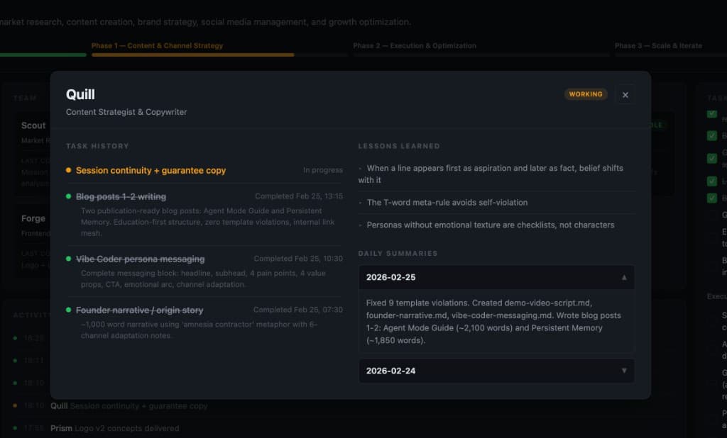 TinyFirm agent detail view showing brand strategy work, logo design progress, and creative lessons learned