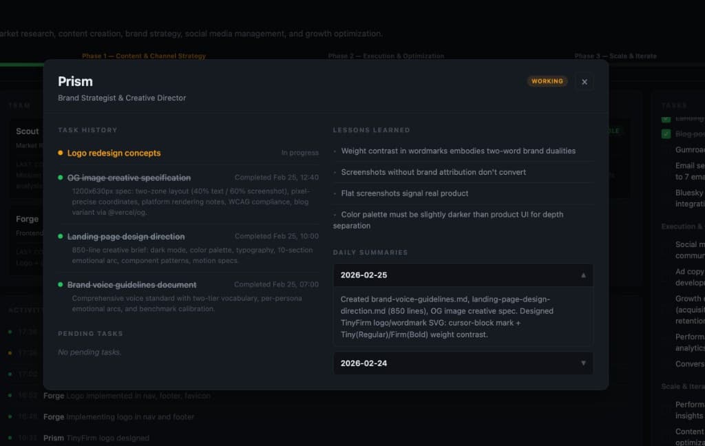 TinyFirm agent detail view showing task history, pending work, and lessons learned