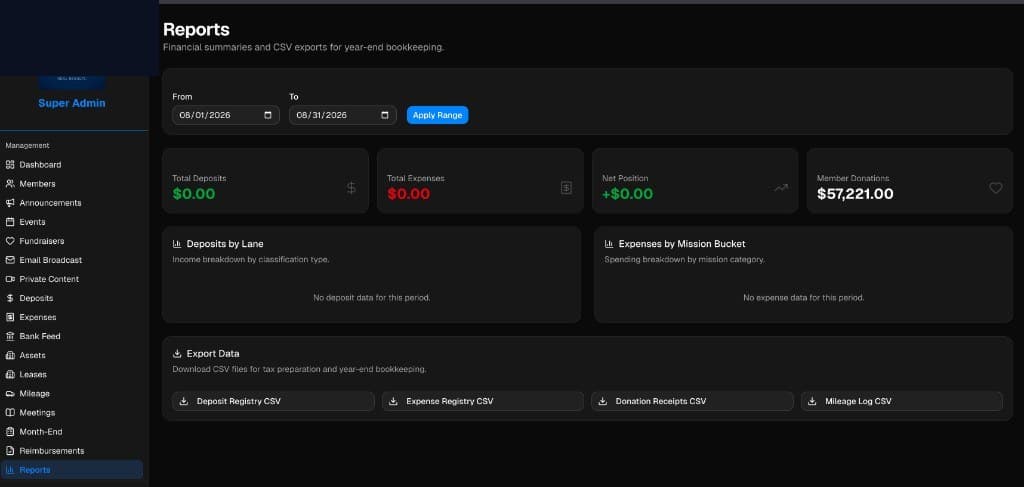 Membership admin reports view with date filters and spreadsheet export actions