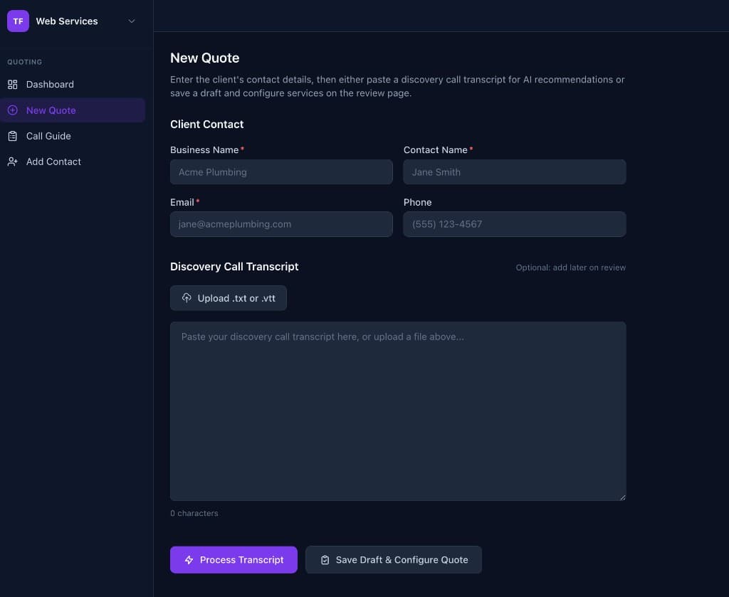New Quote screen with discovery call transcript upload and paste fields